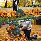 ORIENTOOLS 69" Adjustable Leaf Rake with 5-Section Handle, 26-Tine Durable Plastic Head, Dual-Use Design Converts to Leaf Scoops, Lightweight Yard Rake for Lawns, Grass, Shrubs & Garden (Foldable)