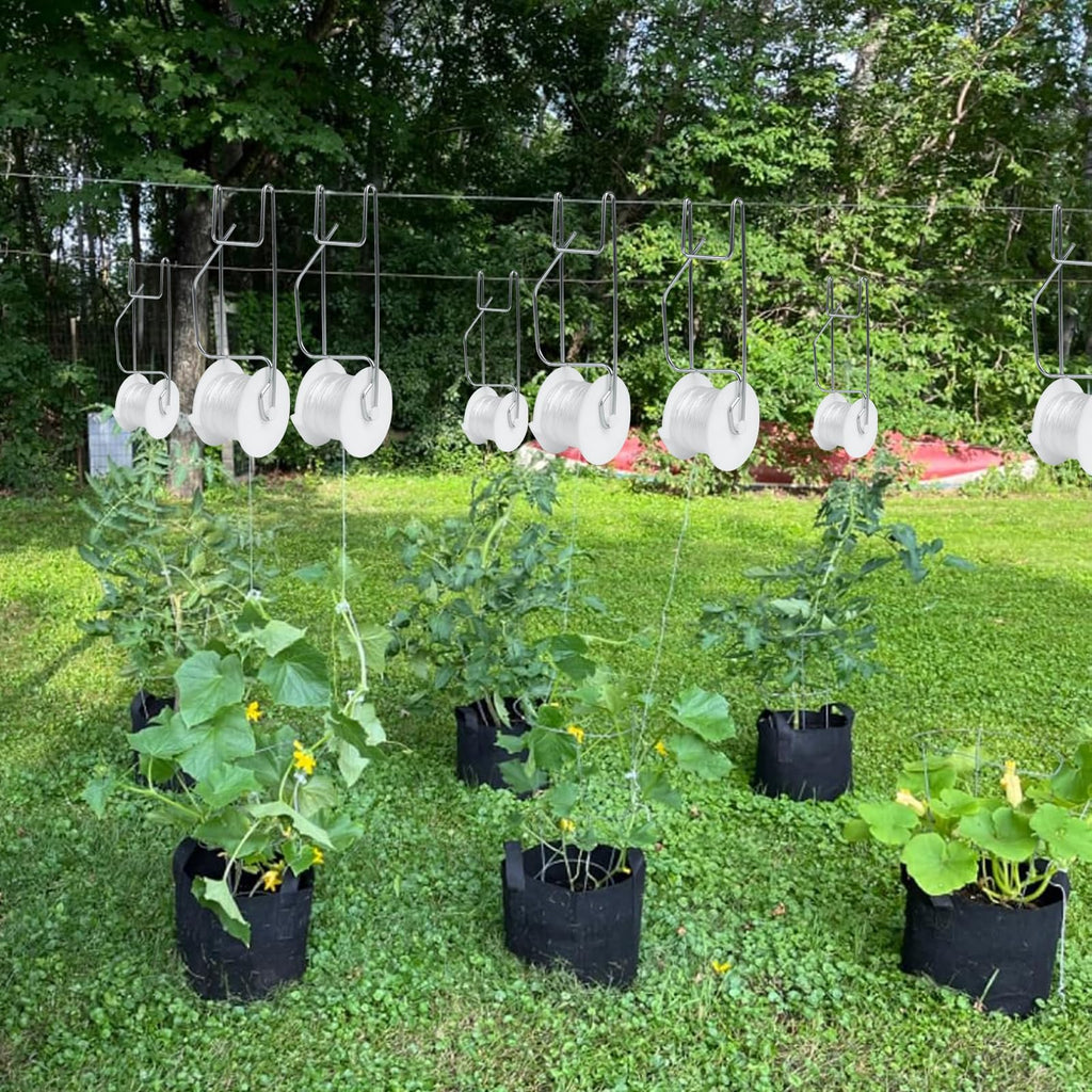 Hidbot Tomato Support Hooks with String 20 Pcs,100 Pcs Plant Support Clips for Climbing Plants,Tomato Trellis Roller Hooks with 49.2FT String,Reusable Grape Vine Clips to Prevent Tomatoes