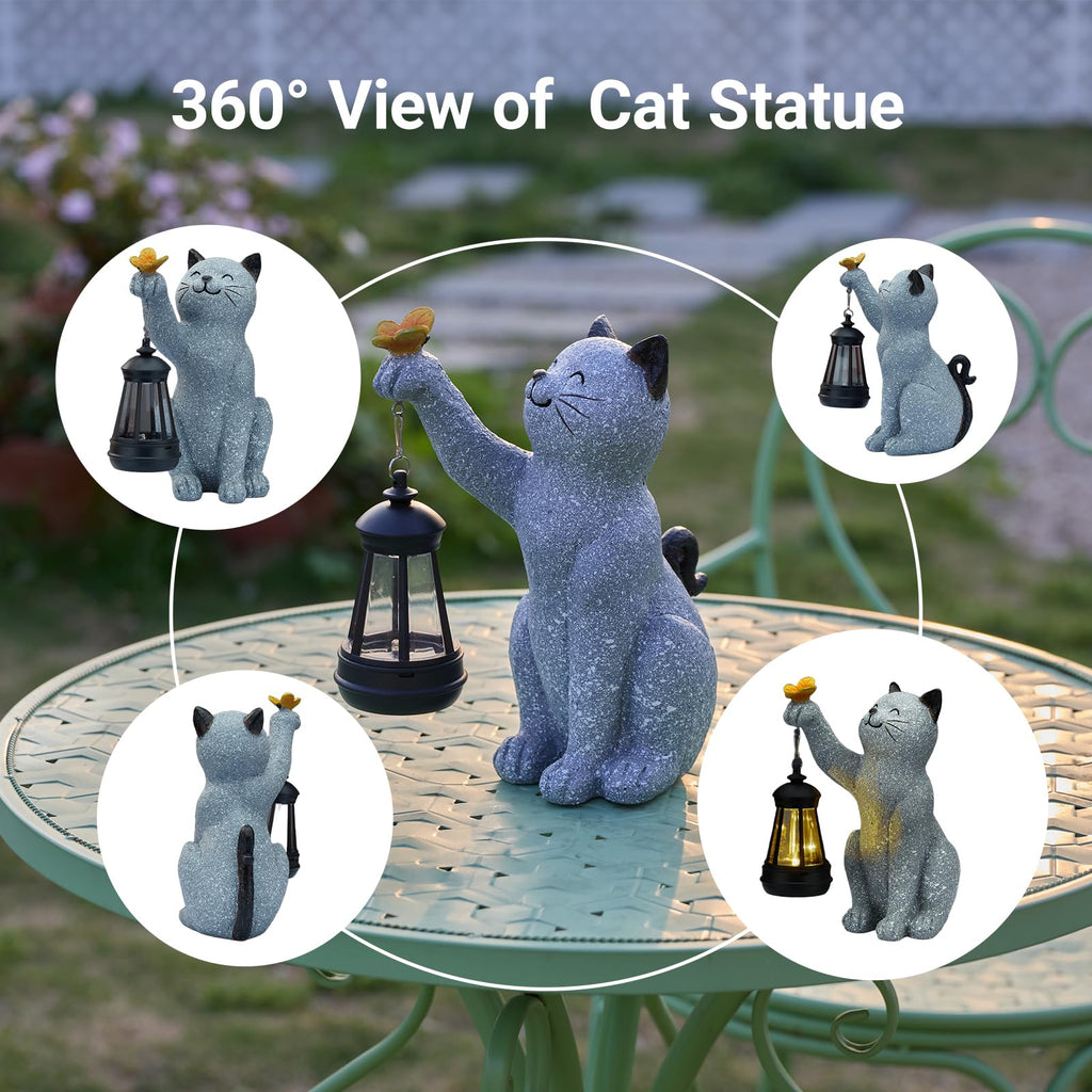 Elegondrar Solar Cat Garden Statue Outdoor Decor, Cat Sculpture with Lantern and Butterfly for Yard Lawn Patio Balcony, Christmas, Birthday Housewarming Gifts for Mom, Grandma, Women, 9.4 inch, Resin