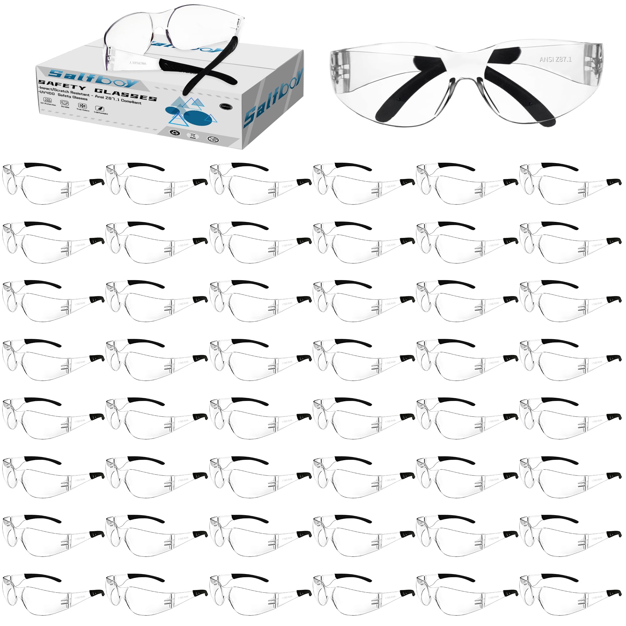 Salfboy Clear Safety Glasses Bulk of 50 Ansi Z87.1 Certified for Scratch Impact Resistant Lens Protective Eyewear for Work, Lab, Construction