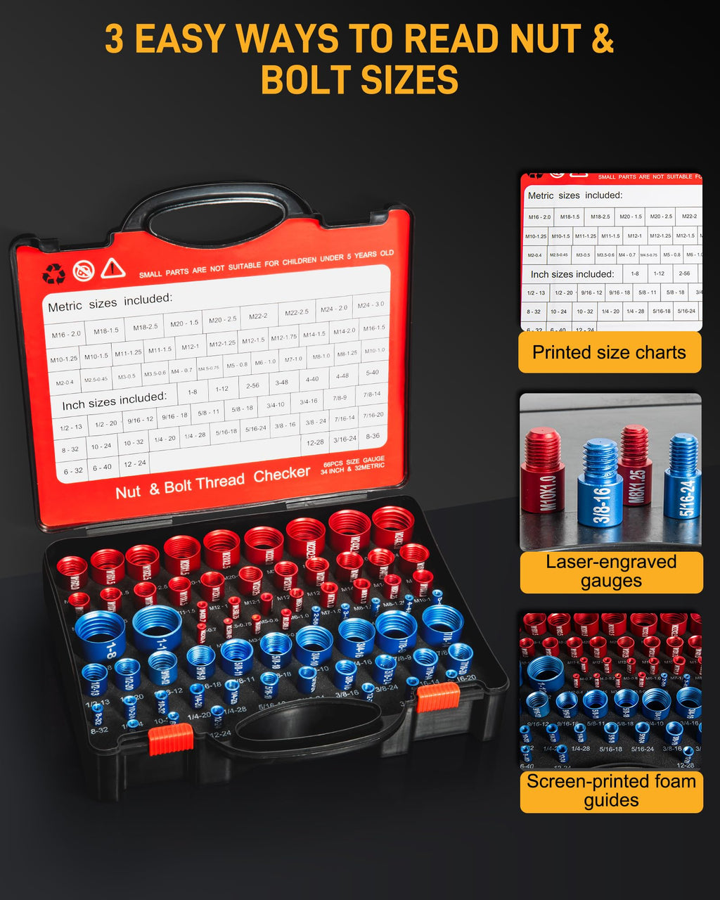 66-Piece Nut and Bolt Thread Checker Kit | 34 SAE (Blue) + 32 Metric (Red) Thread Gauges - Precision Bolt Size Finder for Tight Spaces, DIY & Professional Repairs
