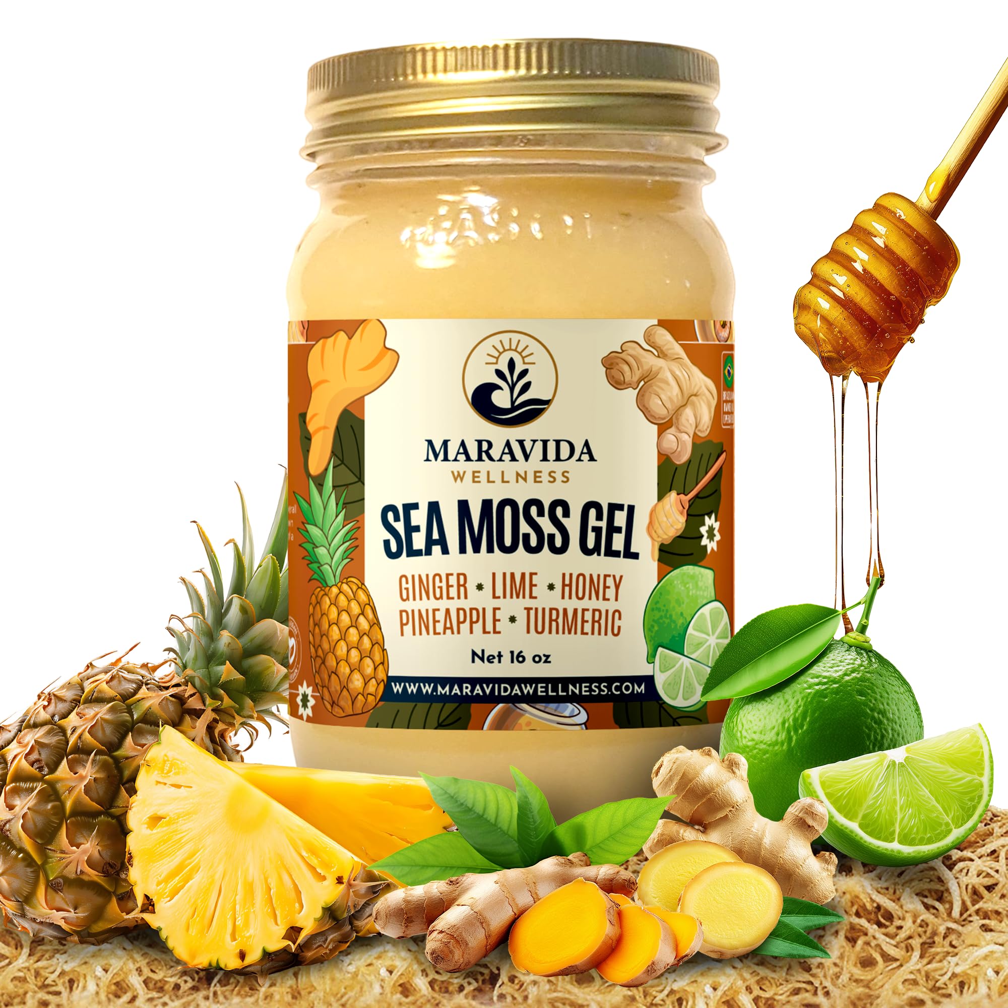 Maravida Wellness Sea Moss Gel – Pineapple, Lime, Honey, Ginger & Turmeric – 100% Natural Raw Organic Irish Moss – 16oz Jar – Premium Superfood for Everyday Wellness