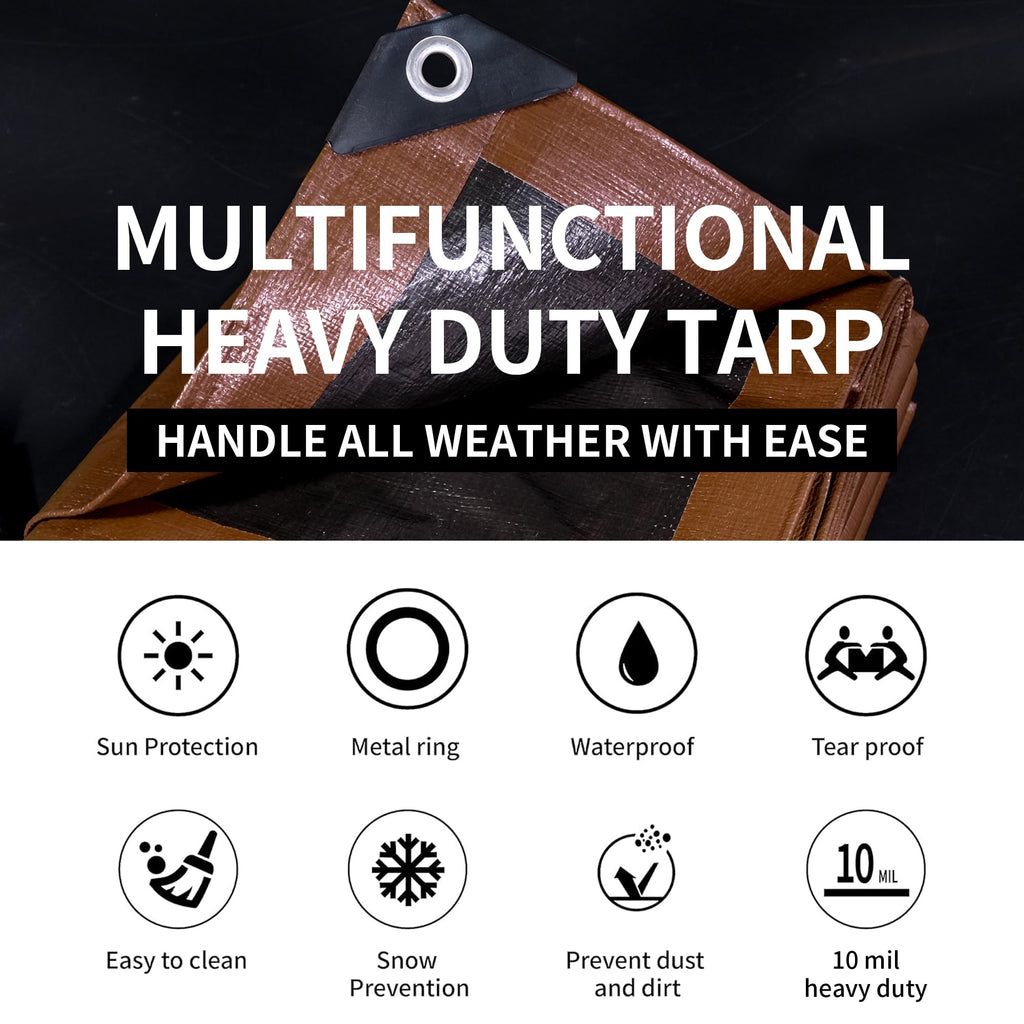 TARPAL Tarp 12x12 Feet Large Tarps Heavy Duty Waterproof 10mil Multipurpose Protective Cover Waterproof,Snow or UV Protection,Durable Reinforced Edges(Brown/Black)