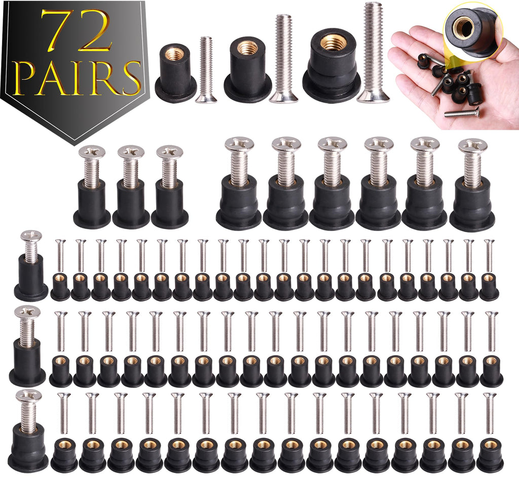 WEDAMER 72 Pairs M4 M5 M6 Neoprene Well Nuts with Stainless Steel Screw M5 Rubber Well Nuts Kayak Brass Copper Bolts Well Nut Kit for Kayak Motorcycle Boat Marine Windscreen Accessories (M4 M5 M6)