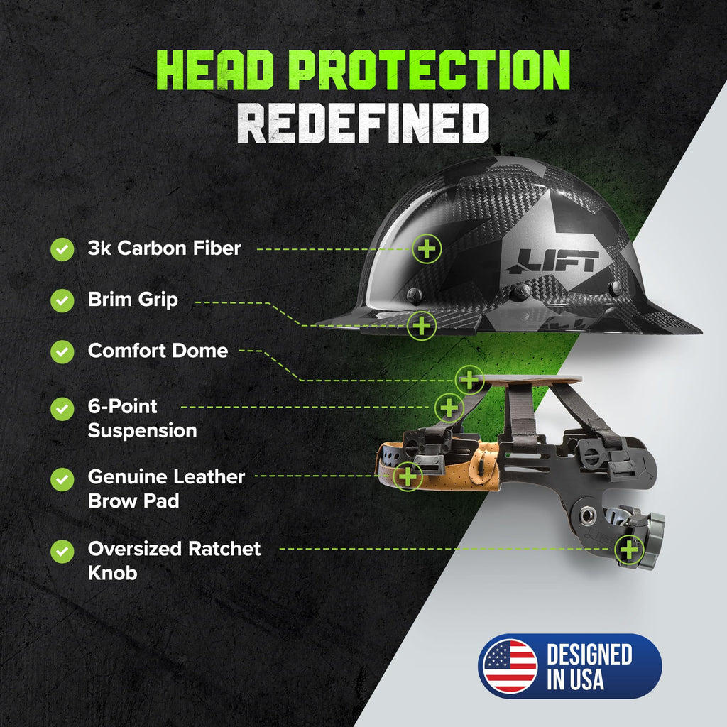 Lift Dax Carbon Fiber Full Brim Hard Hat/Safety Helmet, Black Camo