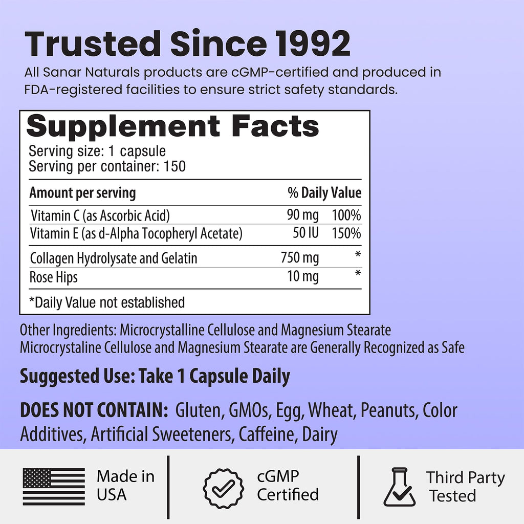 Sanar Naturals Collagen Pills for Women & Men | Hydrolyzed Peptides with Vitamin E & Vitamin C | Supports Hair, Nail, Skin, Bone & Joint Health, Reduce Wrinkles | Grass Fed, Non-GMO,150 Capsules