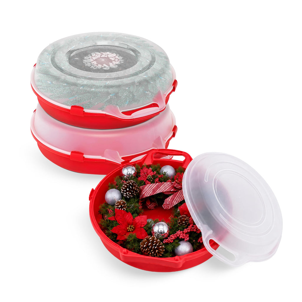 HOMZ Holiday Storage 24" Clear Plastic Wreath Container, Red, 3 Pack