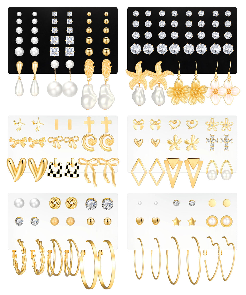 84 Pairs Gold Stud Earrings Set for Women Multipack, Fashion Pearl Cubic Zirconia Butterfly Earrings Packs Piercings, Hypoallergenic Stud Hoops Earrings for Gift (Style08-gold)