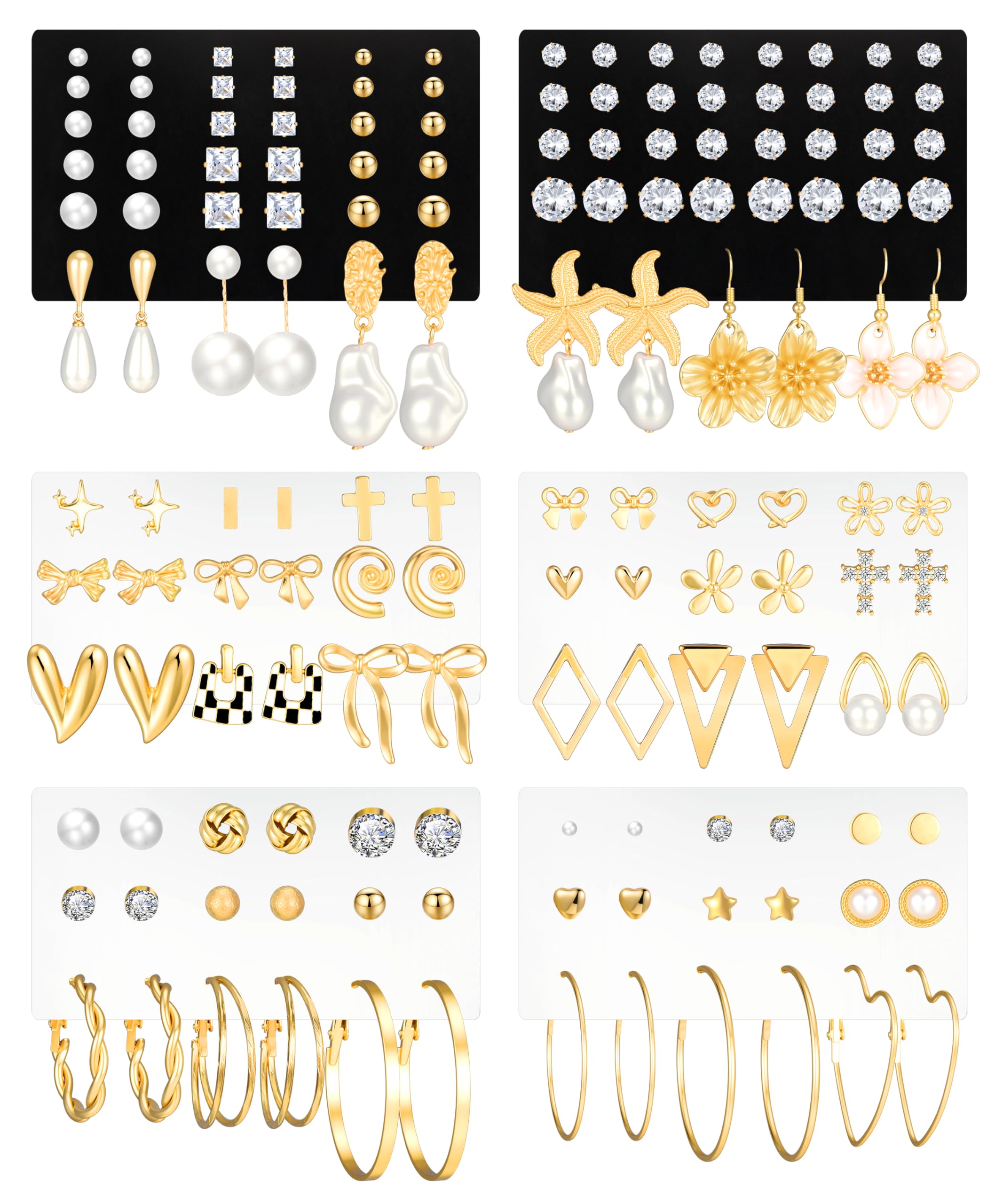 84 Pairs Gold Stud Earrings Set for Women Multipack, Fashion Pearl Cubic Zirconia Butterfly Earrings Packs Piercings, Hypoallergenic Stud Hoops Earrings for Gift (Style08-gold)
