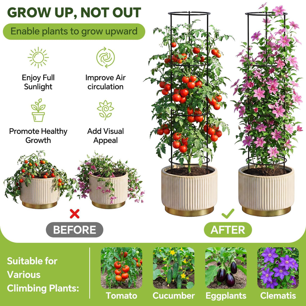 60 Inch Round Tomato Cages for Garden - 2 Pack Heavy Duty Metal Tomato Trellis Plant Support, Adjustable Height & Stackable, Easy Assembly for Outdoor Climbing Plants