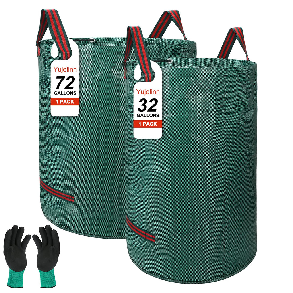 72 & 32 Gallon Reusable Yard Waste & Lawn and Leaf Bags with Handles - Tear Resistant Garden Trash Bags for Seasonal Cleanup, Patio, Lawn & Leaf Collection, Grass Clippings, Collapsible with Gloves