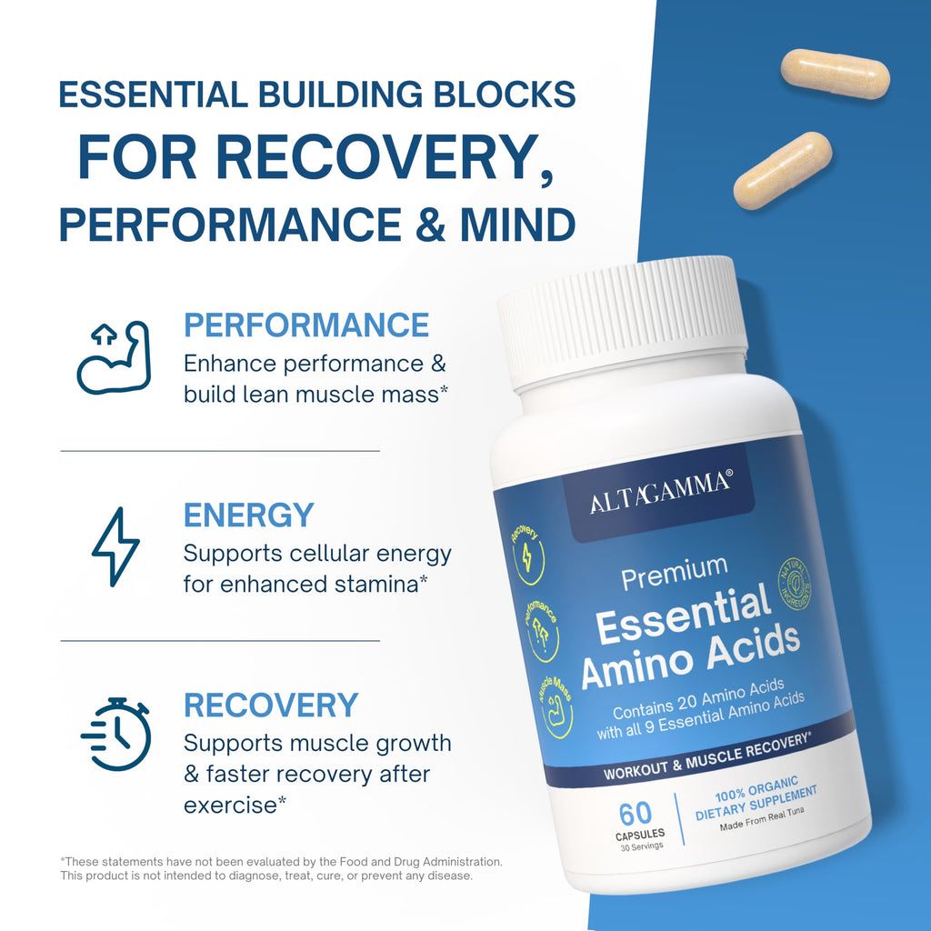 ALTAGAMMA Pure Amino Acids Complex - Protein for Pre/Post Workout, Energy & Muscle Recovery - 9 Essential Amino Acids Supplement (EAA) & BCAAs - Leucine, Lysine, L Tyrosine, L Arginine, 60 Capsules