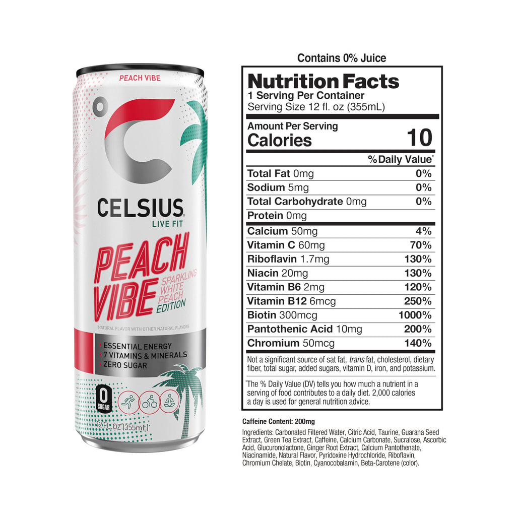 CELSIUS PEACH VIBE Sparkling White Peach, Sugar Free Energy Drink, 12 Fl Oz (Pack of 12)