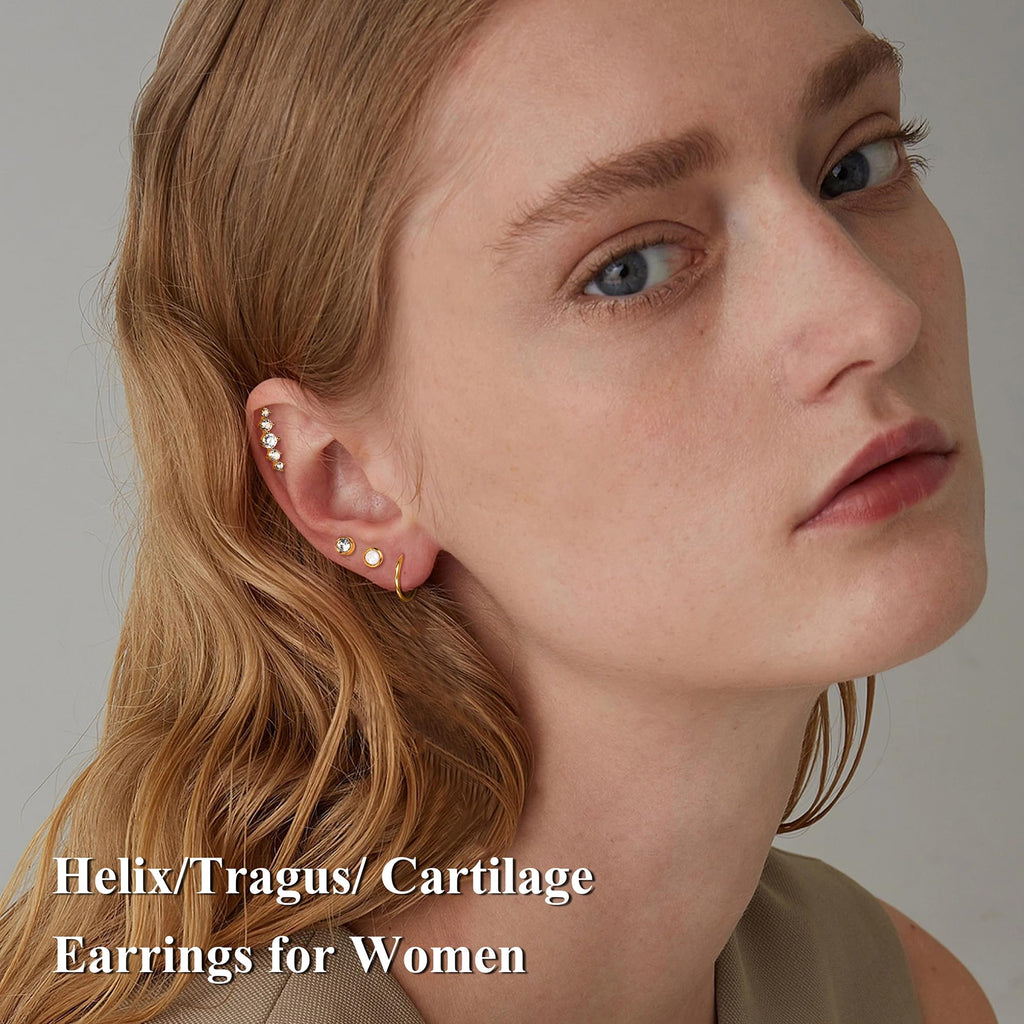 Cartilage Earring Stud for Women 14K Gold Plated Opal Flat Back Earrings