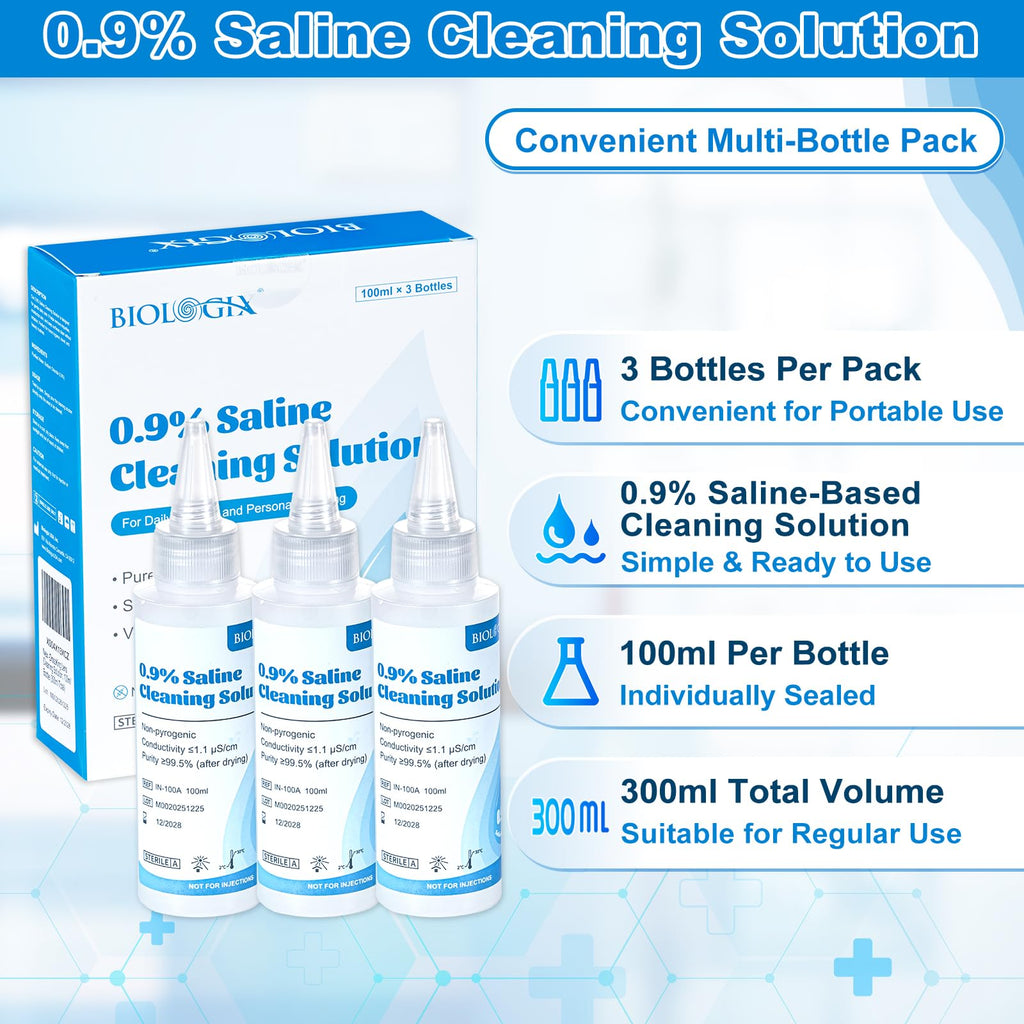 0.9% Saline Cleaning Solution, Normal Solution, Ready-to-Use for Daily Cleaning, Household Use, 100ml Each, 3 per Box, 300ml /10.56 FL OZ
