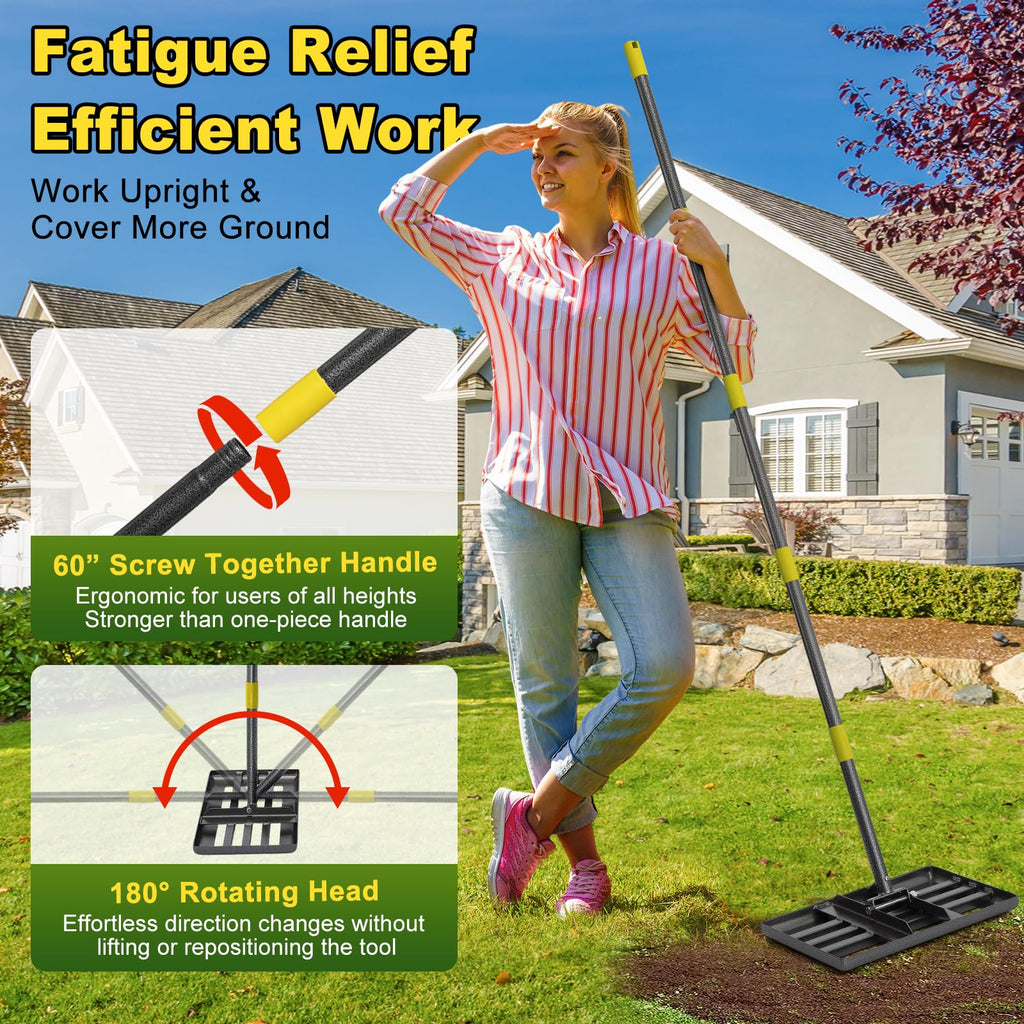 Lawn Leveling Rake: Anti Flipping 17" x 10" Stainless Steel Lawn Ground Leveler for Soil, Heavy Duty Grass Top Soil Dressing Leveling Rake, Home Lawn,Golf Field,Yard Landscaping Tool, 60” Long Handle