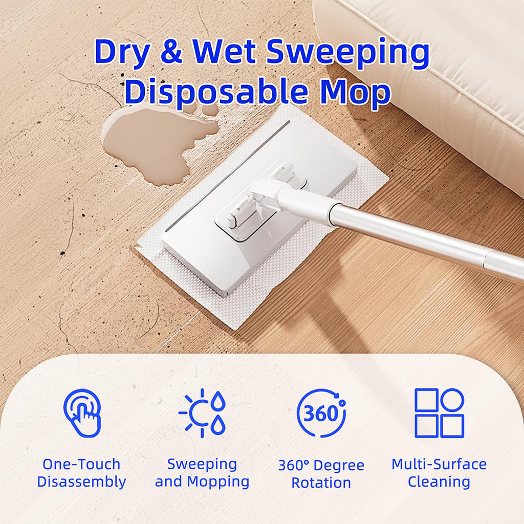 KZKR Mini Wet & Dry Sweeping Mop Touchless Disposable Mop Convenient Flat Dust Removal Multi-Surface Cleaning for Hardwood and Tile Floors, 1 Second Installation (Grey,White,2 Pack)