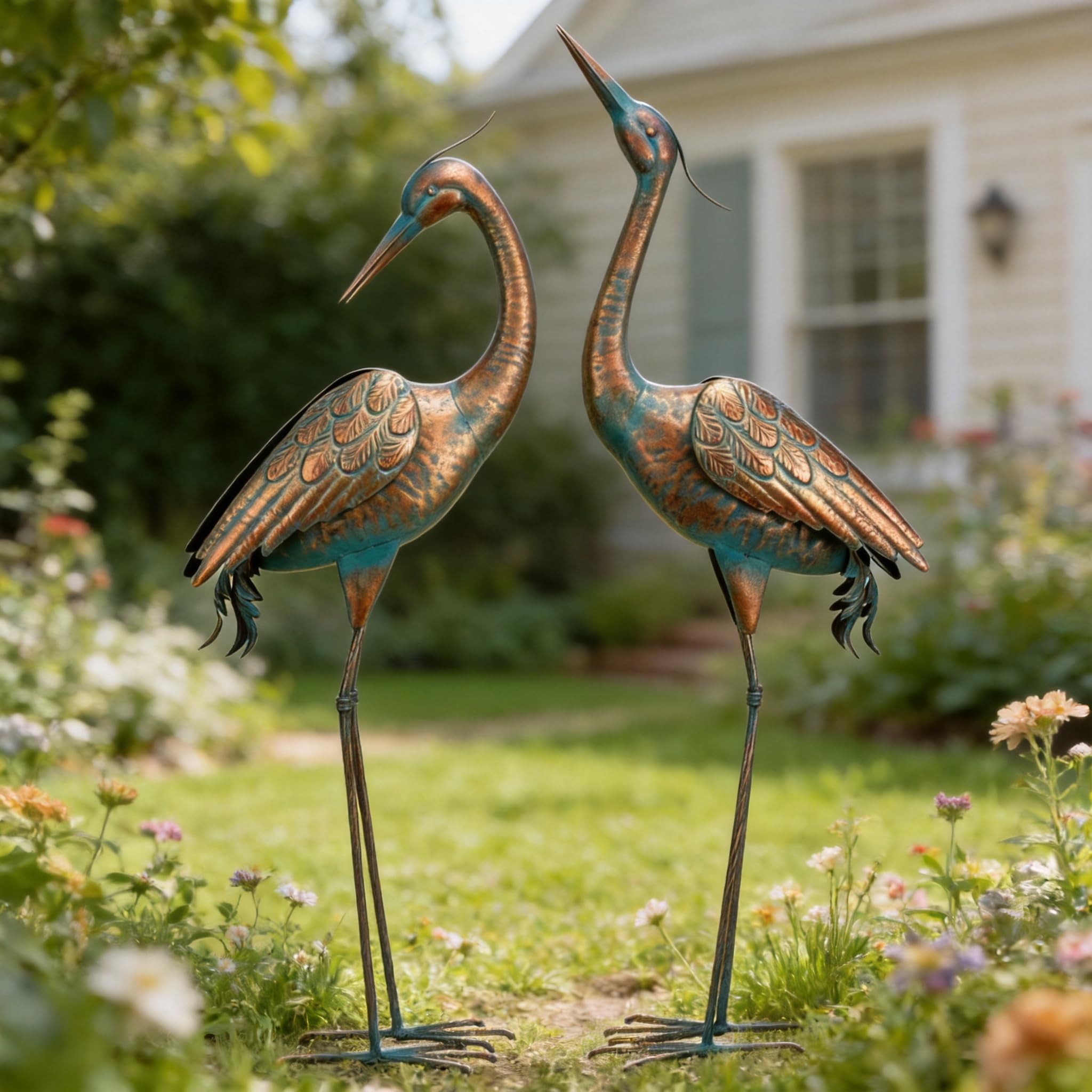 chisheen Garden Crane Statues Blue Heron Metal Yard Art Outdoor Decoration,Large Sculptures for Lawn Patio Porch,39-44 inch,Set of 2
