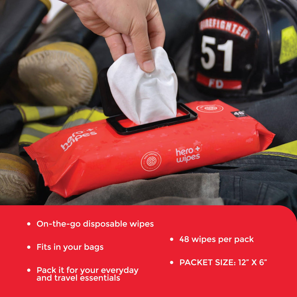 Hero Wipes Body Wipes Remove 98% Of Carcinogens, Ash, Soot, Smoke, Toxins - 48ct Extra Thick Durable 10x9 inches Firefighter Wet Wipes Per Pouch