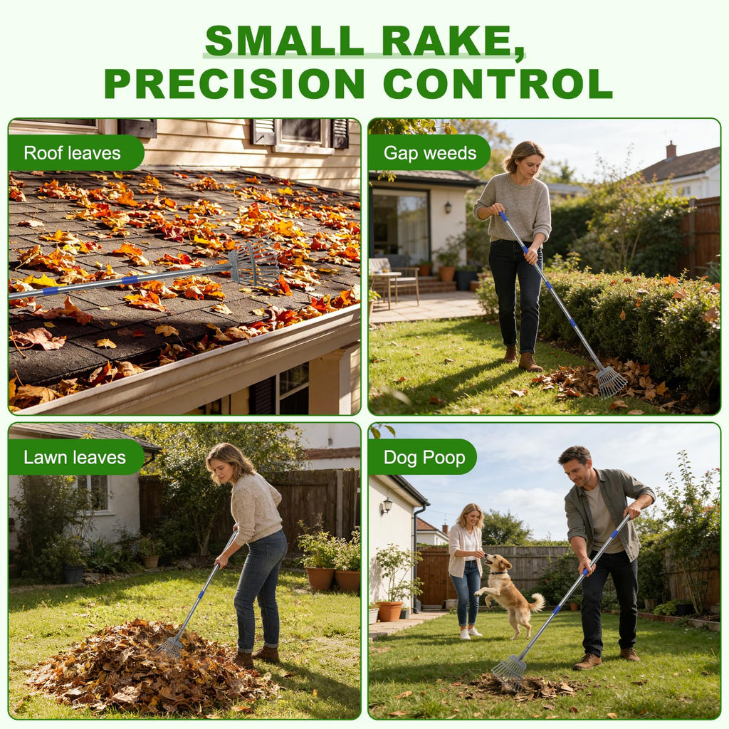 Gixmuoiy Garden Rake for Leaves, Heavy-Duty Small Metal Rake for Lawn, Yard, Garden Beds, Debris & Shrubs, 6 ft Adjustable Handle for Kids and Adults