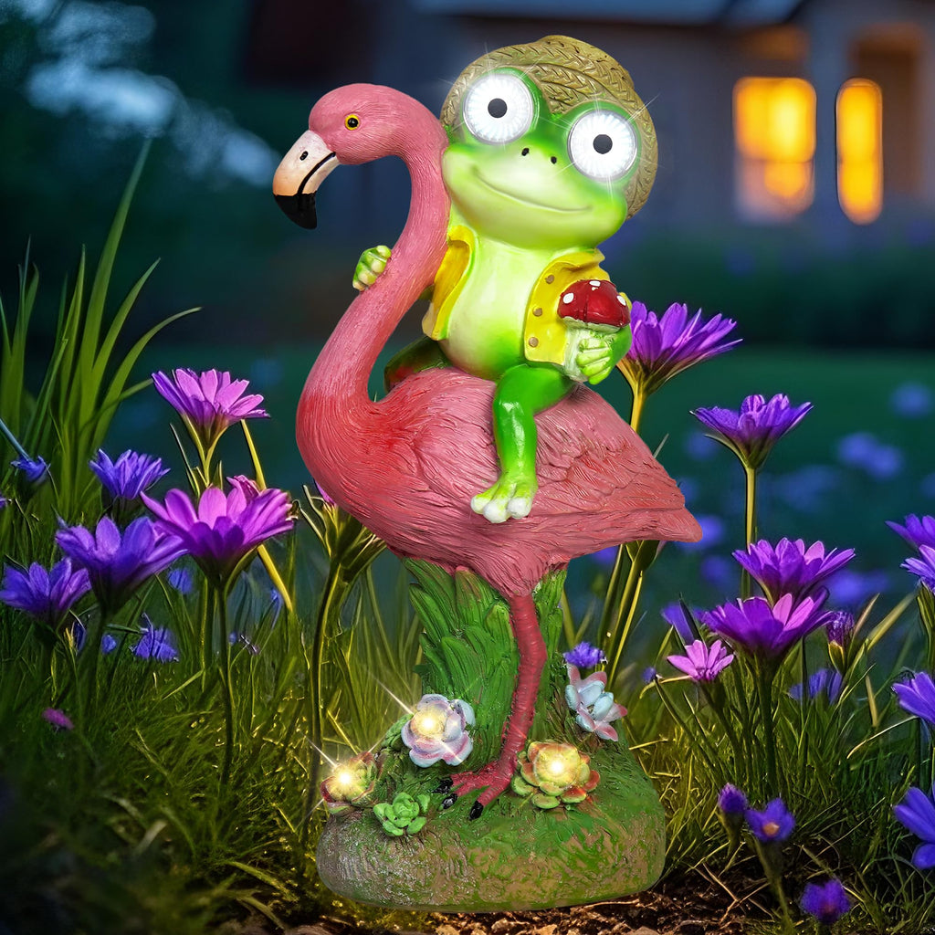 ZFNN Solar Garden Statue Outdoor, Frog Riding Flamingo Decor with LED Eyes