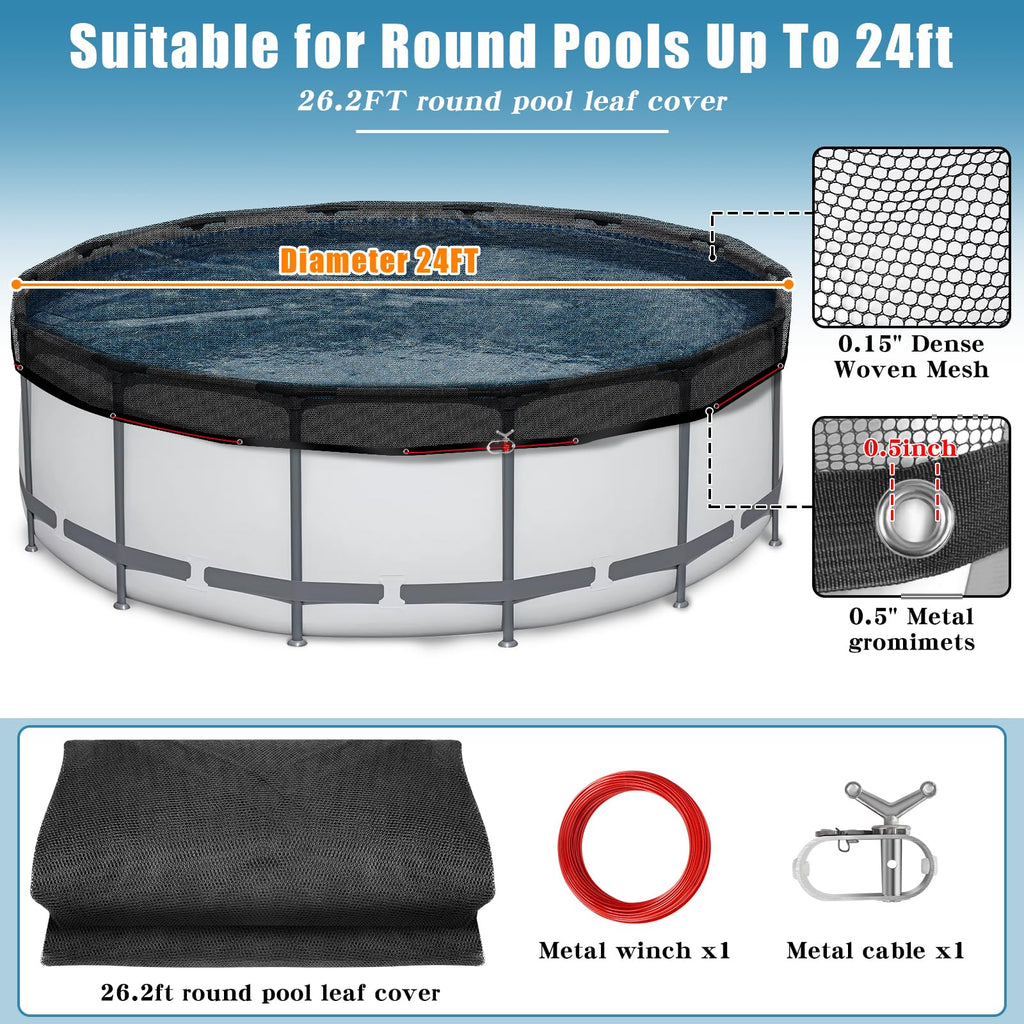 24 FT Pool Leaf Net Cover for Above Ground Pools, Ultra-Fine 0.15’’ Mesh Pool Cover with Winch & Cable, Pool Leaf Cover Prevents Leaves and Debris from Entering Pool