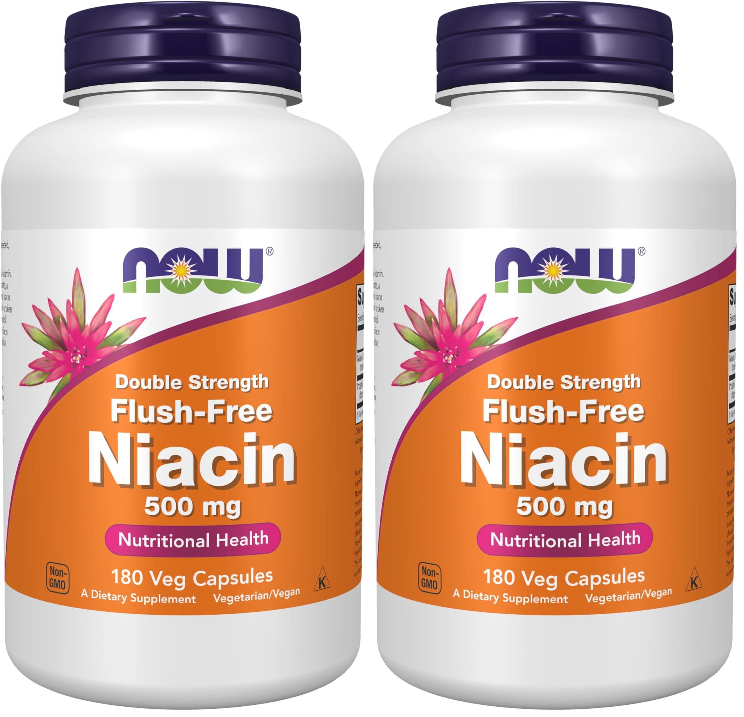 NOW Foods Supplements,Niacin (Vitamin B-3) 500 mg,Flush-Free,Double Strength,Nutritional Health,180 Veg Capsules,(Pack of 2)