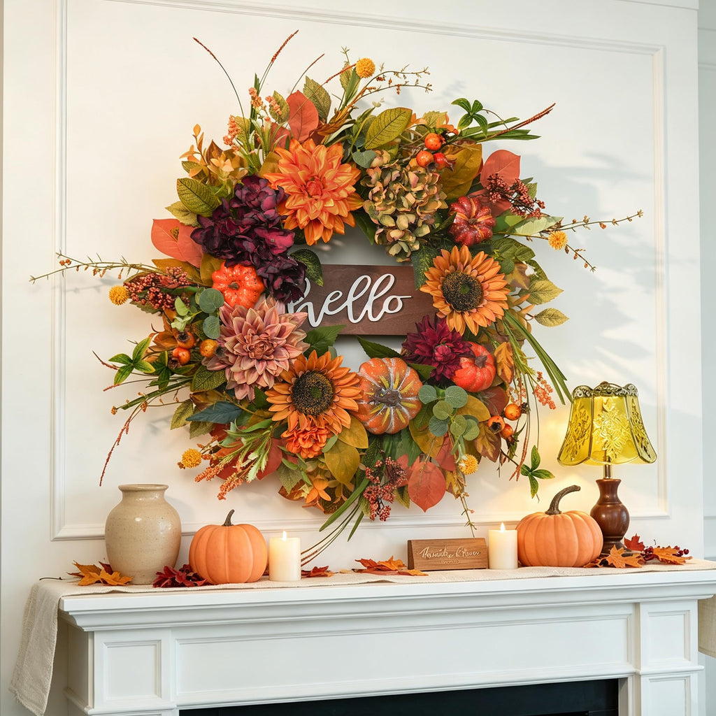 Fall Wreaths for Front Door 24 Inch Autumn Wreath with Sunflowers, Pumpkins