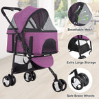 BestPet 3-Wheels Premium 3-in-1 Multifunction Pet Stroller for Medium Small Dogs & Cats - Detachable Carrier, Lightweight Folding Travel Stroller, Purple