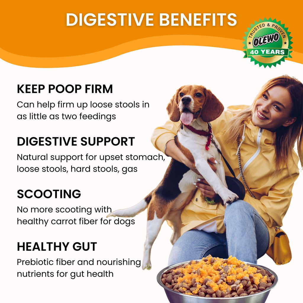 Olewo Carrots Digestive Dog Food Supplement, effective dog diarrhea relief for over 35 years, adds natural source vitamins to any dog food to promote overall health, 1-ingredient, non-GMO product, Made in Germany, 2.2 Pounds