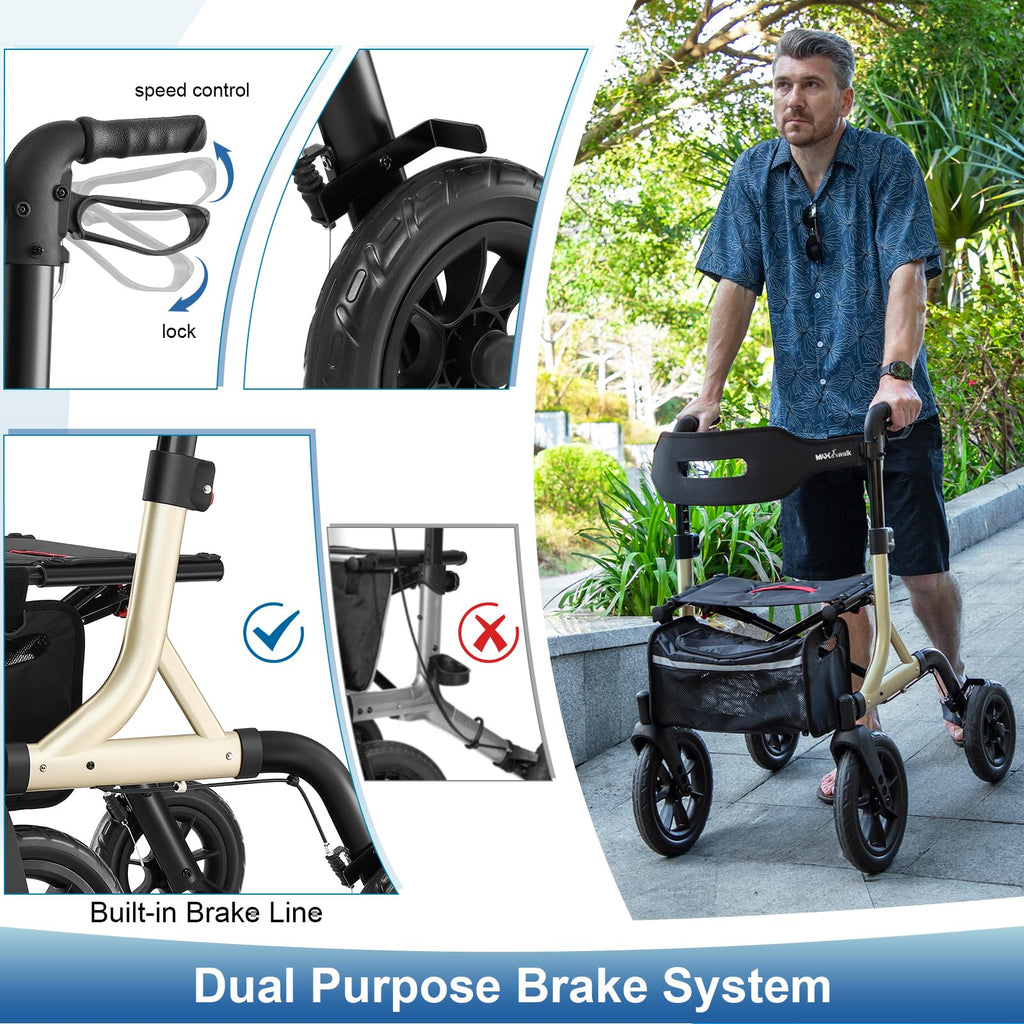 MAXWALK Walkers for Seniors, Rollator Walker with Seat, 12" Big Rubber Wheels All Terrain Rollator Walker with Backrest, Built-in Cable, Cup Holder, Foldable and Height Adjustment for Seniors, Gold