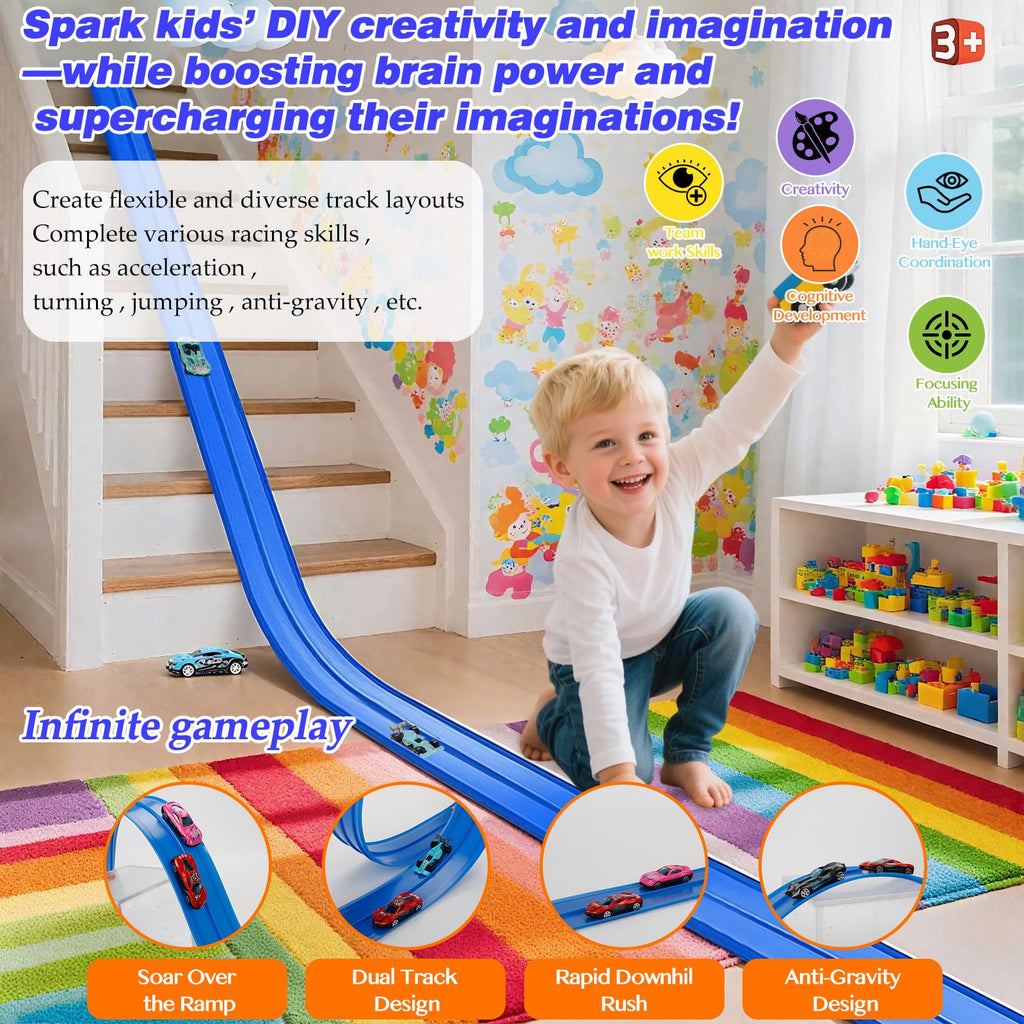 Flexible Race Track Toys for Kids: 15ft Flexible Car Track with Suction Cups - Portable Roll-Up DIY Racetrack Compatible with 1:64 Scale Diecast Cars for Boys & Girls Ages 3+