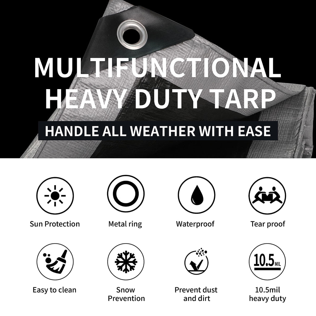 TARPAL Small Tarps 4x6 Feet(2-Pack) Heavy Duty Tarp 10.5Mil Multipurpose Protective Cover Waterproof,Snow or UV Protection,Durable Reinforced Edges,Silver/Black