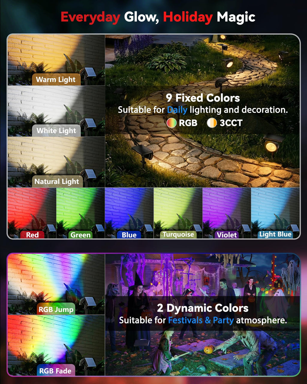 Focusing Solar Spot Lights Outdoor Waterproof, RGB+3CCT Tree Uplights 4Pack