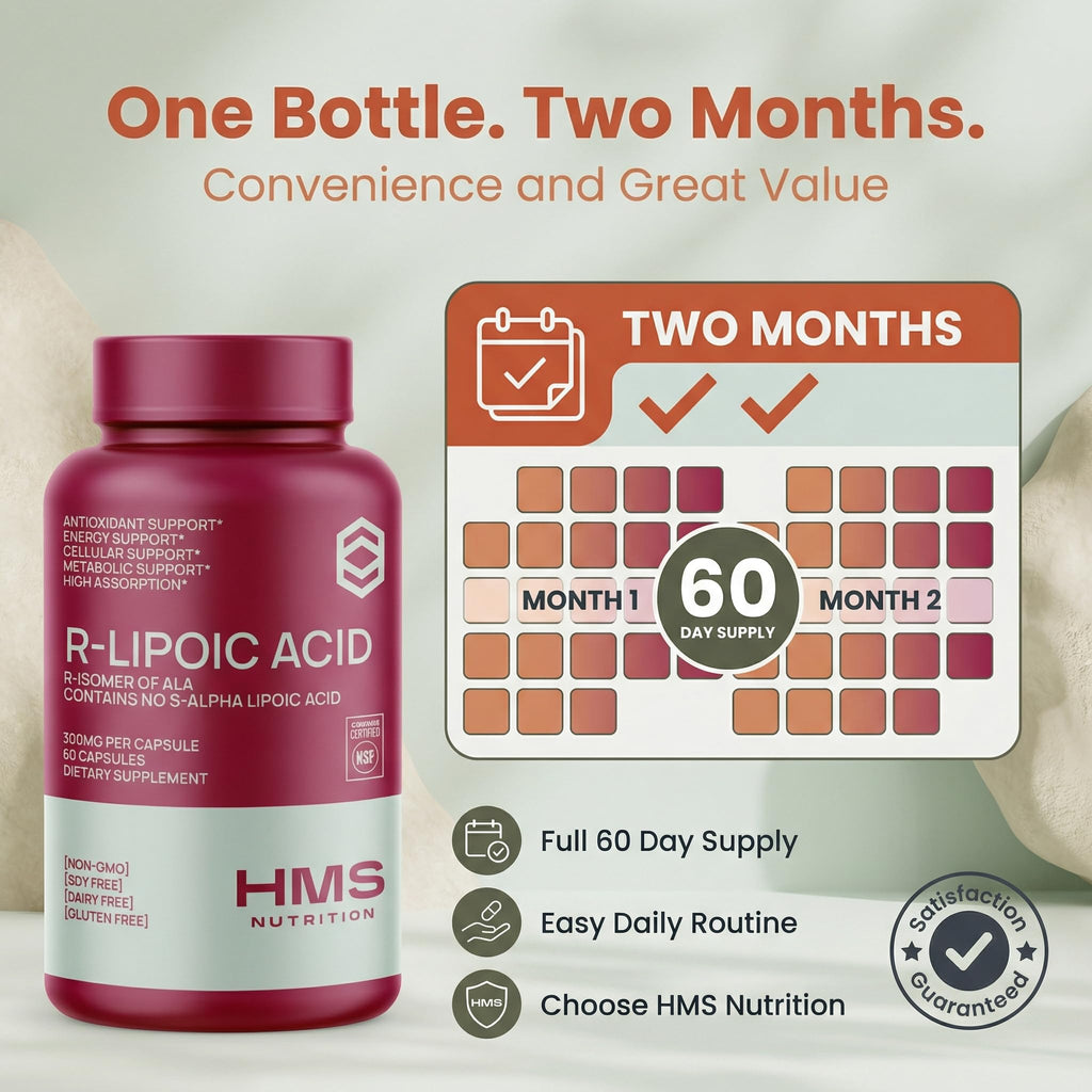 HMS Nutrition Stabilized R-Lipoic Acid 300 mg per Serving — Pure R Alpha Lipoic Acid (R-ALA) High Potency Active R Isomer Antioxidant Nerve & Metabolism Support — NSF Certified Non-GMO Vegan 60Capsule