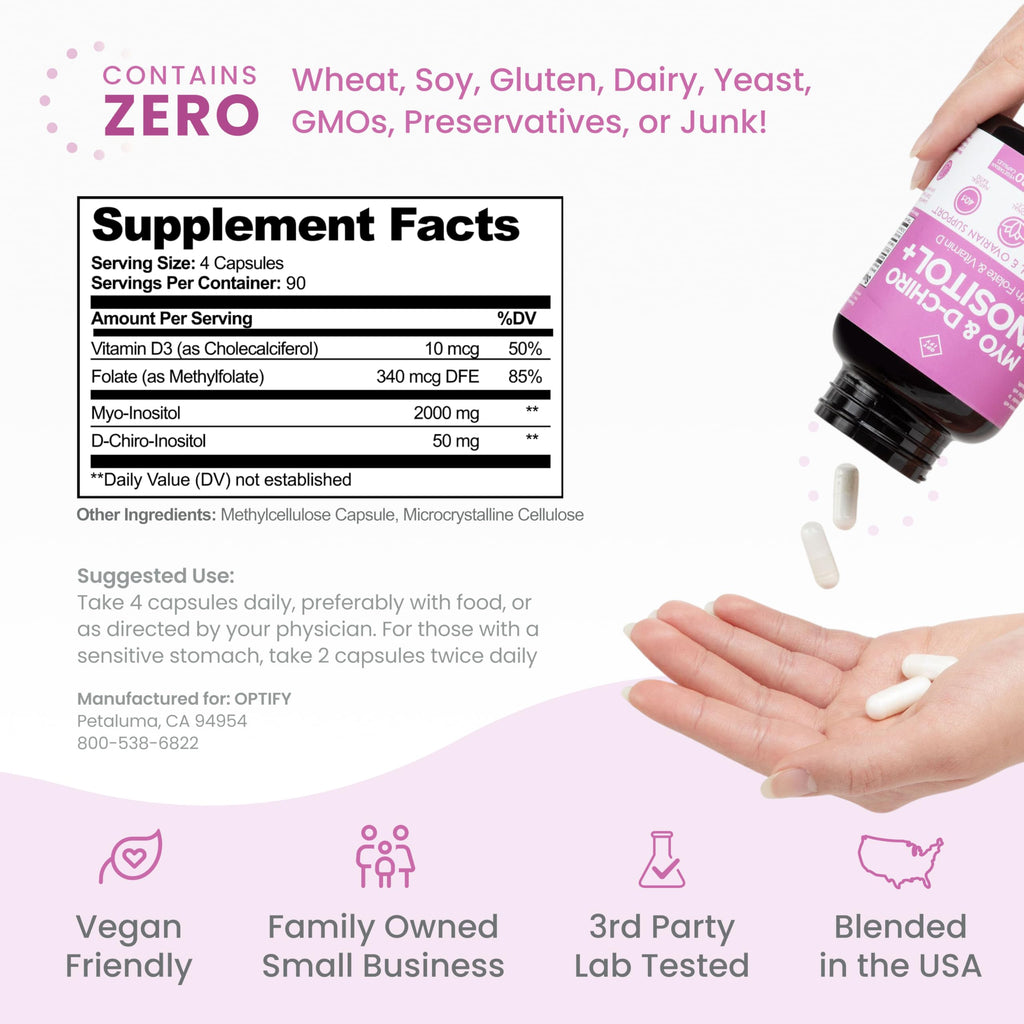 Optify Myo-Inositol & D-Chiro Inositol Supplement for Women | 40:1 Ratio Plus Folate and Vitamin D | Support Healthy Hormonal Balance, Regular Cycles, & Ovarian Health (360 Count (Pack of 1))