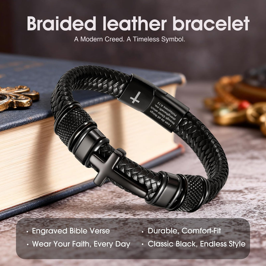 Enjoy Risingsun Mens Christian Bracelet, Cross Bracelet for Men, Gifts for Husband Dad Boyfriend Son, Engraved Bible Verse Jewelry, Stainless Steel Cross, Black Braided Leather Bracelets (Joshua 1:9)