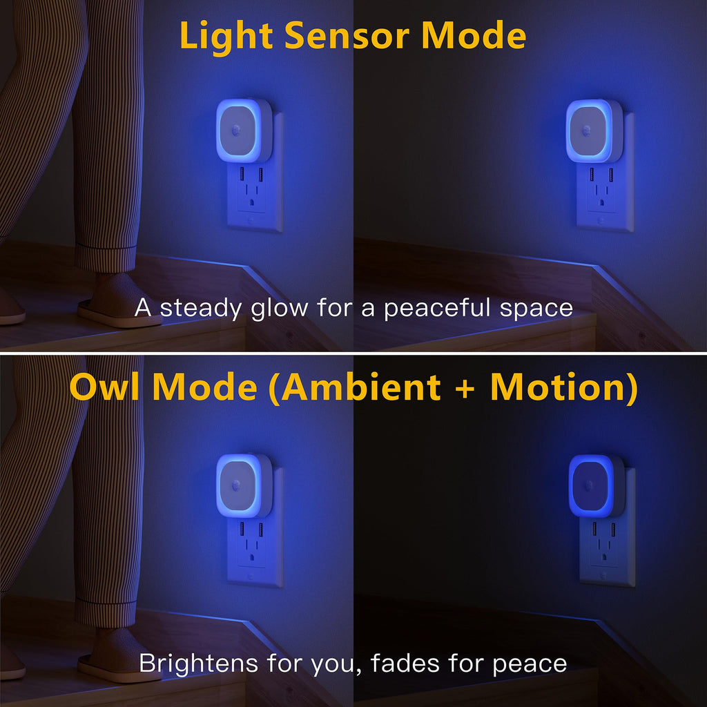 YUNLEX 2 Pack Plug in Night Light with Motion Sensor & Dusk to Dawn Sensor, 3 Sensor Modes, Blue Night Lights Plug into Wall, Dimmable Nightlight for Bathroom, Bedroom, Indoor