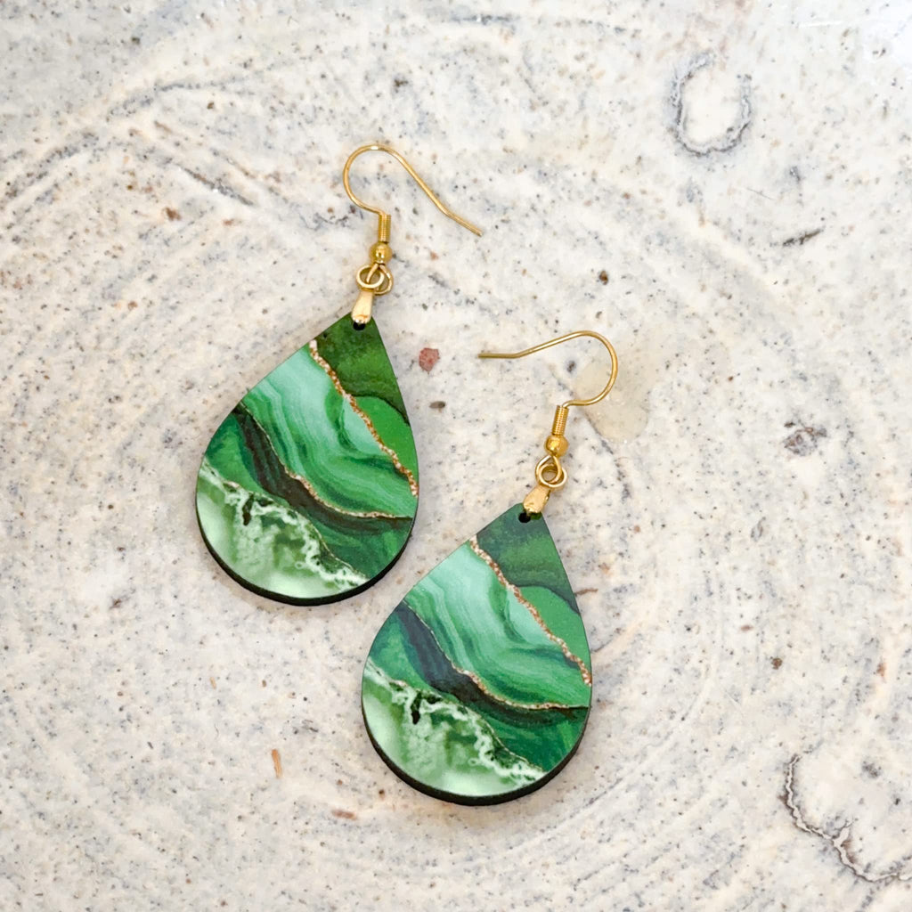 Green Earrings for Women with Gold Strands Teardrop Dangle Spring Dangling Wood Statement Jewelry MDF Kelly Lime Handmade by The Painted Pug (Large)