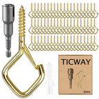 Ticway 80 Pcs Outdoor Hooks for String Lights,Screw Hooks for Hanging Plants,Ceiling Hooks with Safety Buckle,Square Hanger for Wind Chimes,Bird Feeder,Lanterns,Christmas Decorations Gold