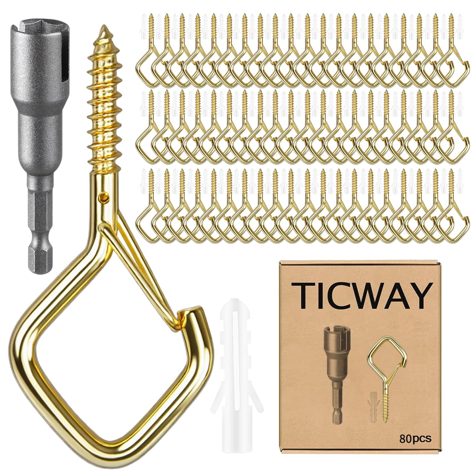 Ticway 80 Pcs Outdoor Hooks for String Lights,Screw Hooks for Hanging Plants,Ceiling Hooks with Safety Buckle,Square Hanger for Wind Chimes,Bird Feeder,Lanterns,Christmas Decorations Gold