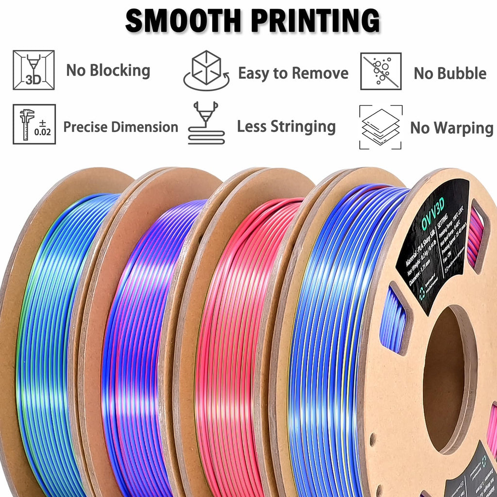 OVV3D 3D Printer Filament Bundle, PLA Filament 1.75mm+ /- 0.02mm, 4 Pack of Dual Color & Tri Color PLA Filament Coextrusion Silk PLA, Rainbow PLA Filament 3D Printing Filament, 4 Spool X 200g