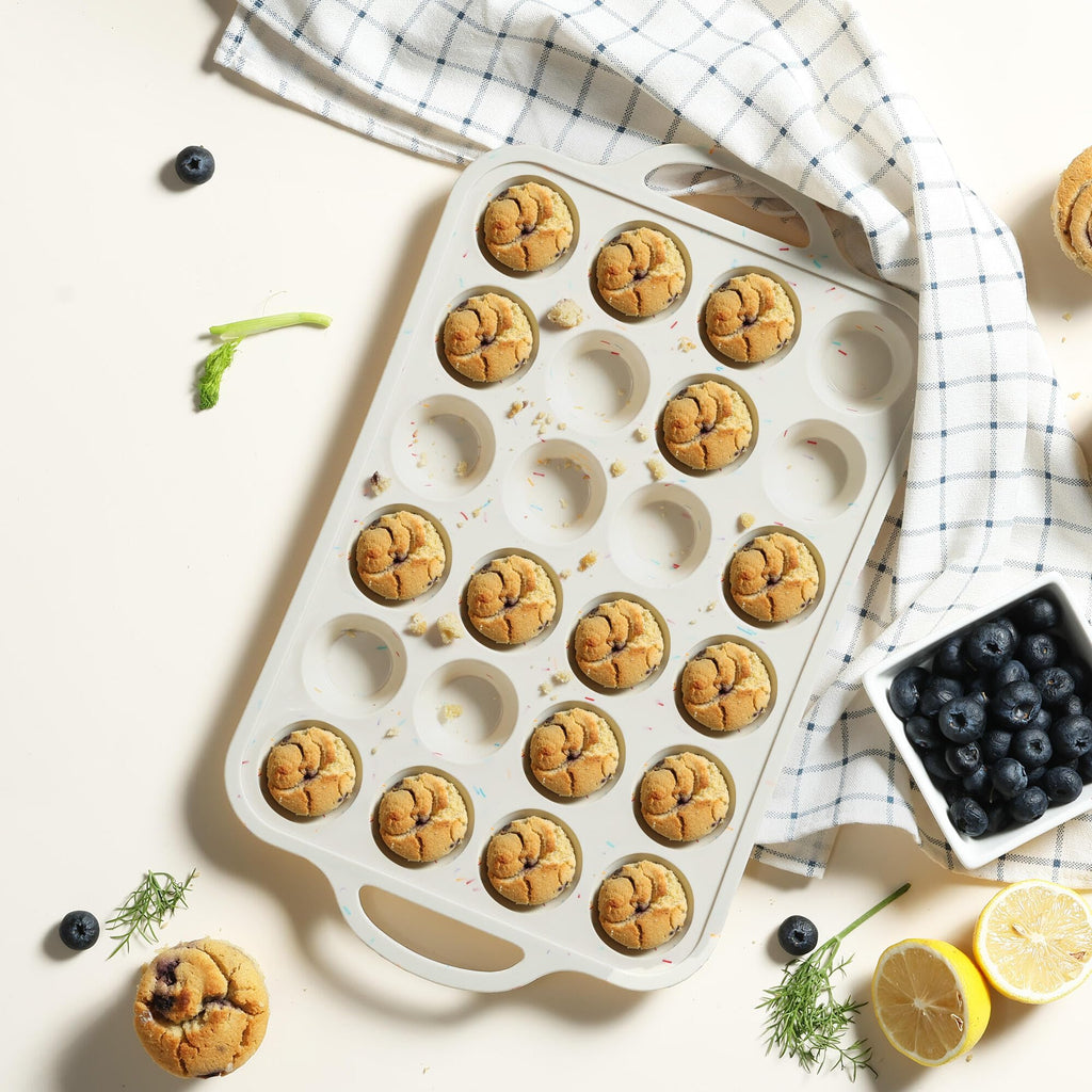 2 Packs 24 Cups Silicone Muffin Pan with Metal Reinforced Frame Mini Size Cupcake Pan Tray Egg Bites Silicone Circle Cookie Molds Muffin Tin Tart Pans Baking Sheet Set for Breakfast Sandwiches
