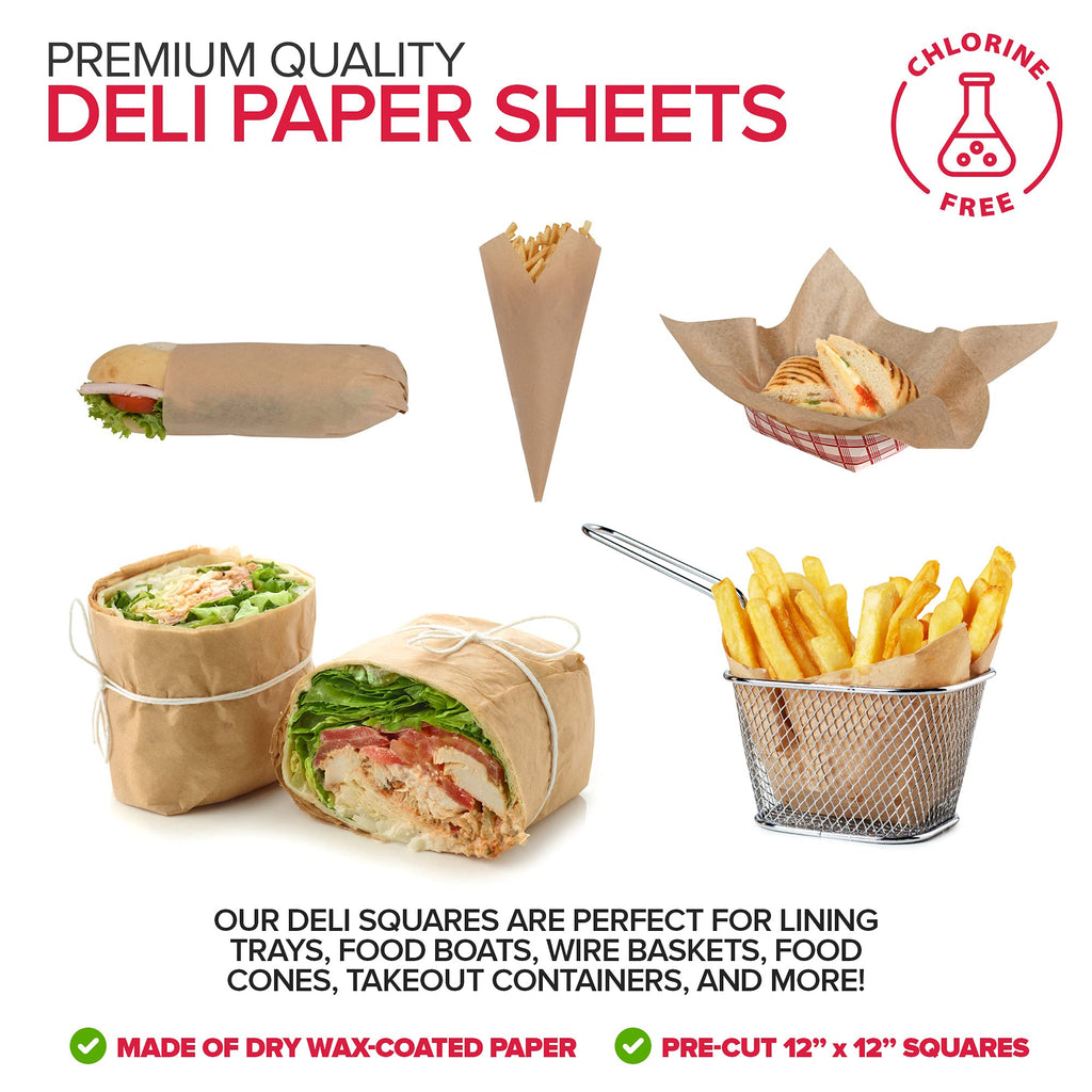 Stock Your Home 12 x 12 Grease Proof Deli Wrappers (500 Pack) - Pre Cut Natural Wax Paper Sheets - Recyclable Food Basket Liners -Kraft Deli Squares For Sandwiches, Lining Wire Food Baskets, Food Tray