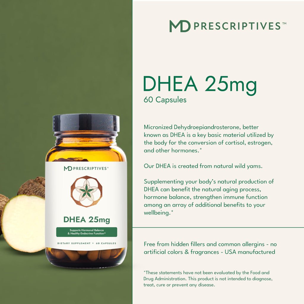 MD Prescriptives DHEA 25mg Dietary Supplement - Micronized from Natural Wild Yam - Supports Bone Health & Hormone Balance* - Suitable for Vegetarians - Just One Capsule Daily - 60 Capsules