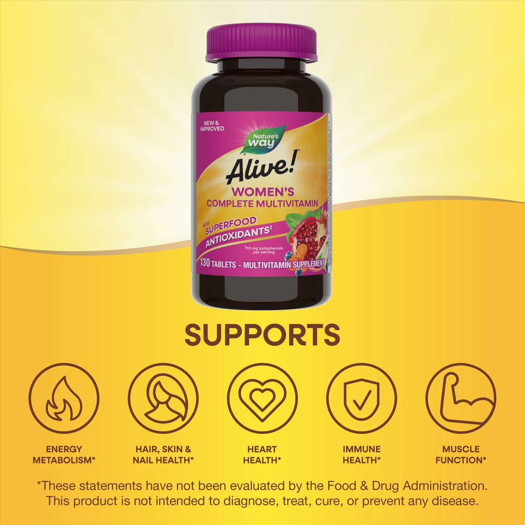 Nature's Way Alive! Daily Complete Multivitamin for Women, Supports Energy Metabolism, Hair, Skin & Nails*, B-Vitamins, Superfood Antioxidants, 130 Tablets (Packaging May Vary)