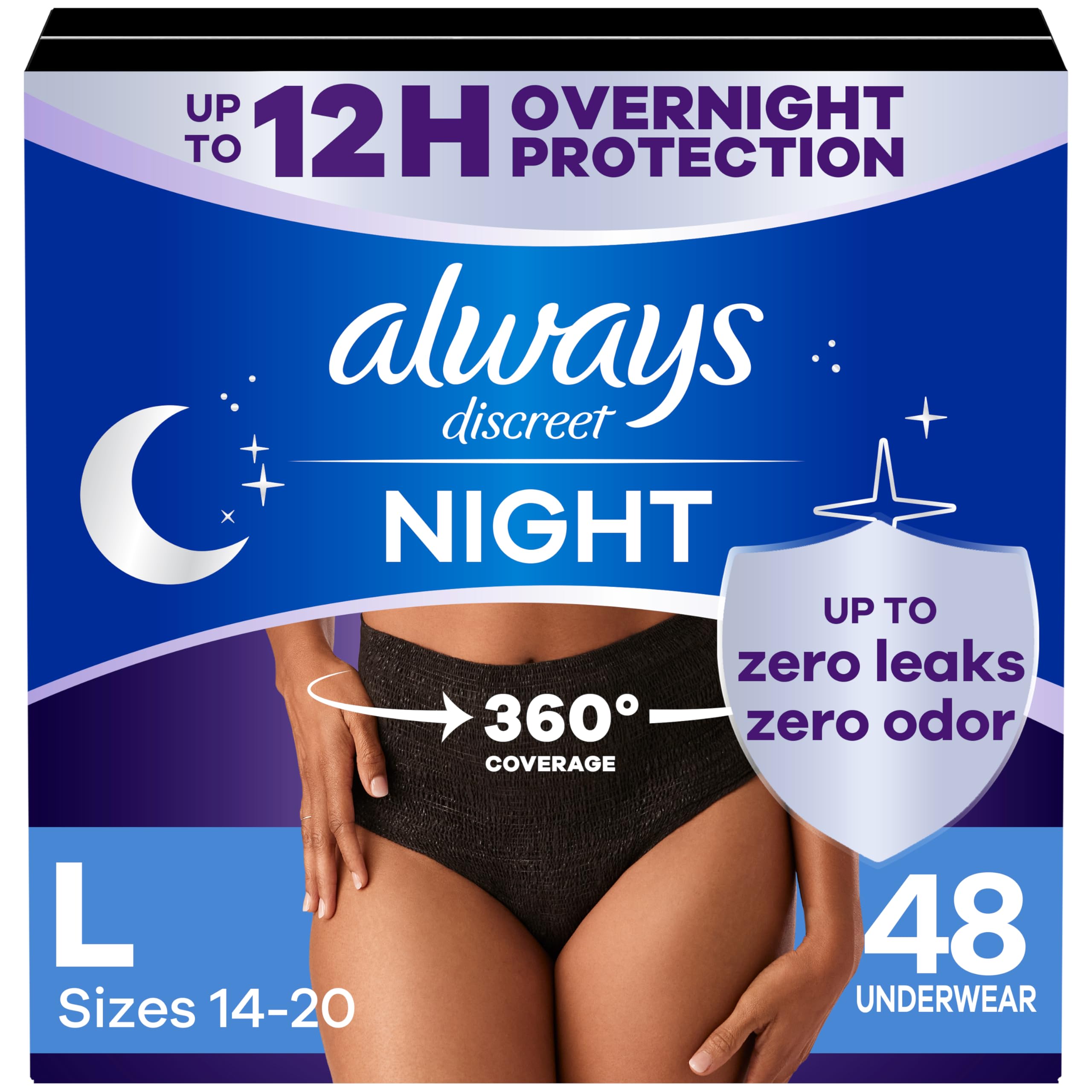 Always Discreet Adult Incontinence Overnight Underwear for Women, Large, Up to 100% Bladder Leak Protection, 48 Count (3 Packs of 16)
