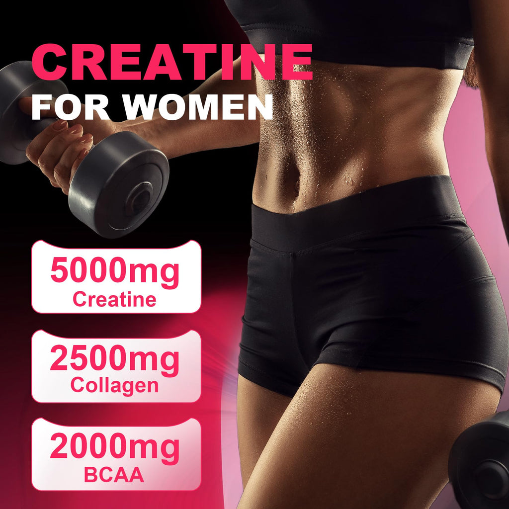 Creatine for Women, Creatine Monohydrate Gummies with Collagen, BCAA, L-Carnitine & Taurine, Strawberry Flavor, Energy Creatine Supplement for Muscle Strength, Energy Boost, Sugar Free, 120 Count