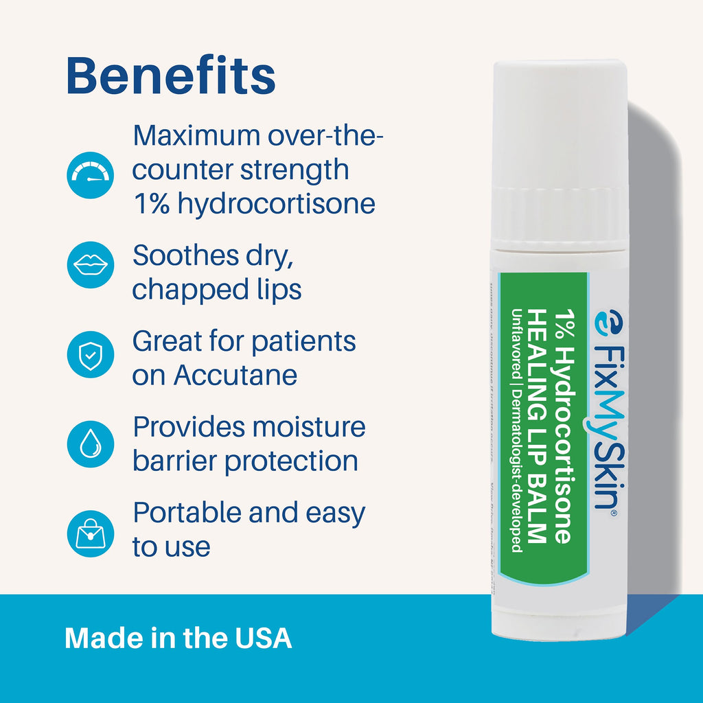 FixMySkin 1% Hydrocortisone Healing Lip Balm, Unflavored – Soothes Dry, Cracked & Irritated Lips, Relieves Chapped Lips, Cold Sores & Eczema, Dermatologist Developed, Travel-Friendly Tube, 0.15 oz