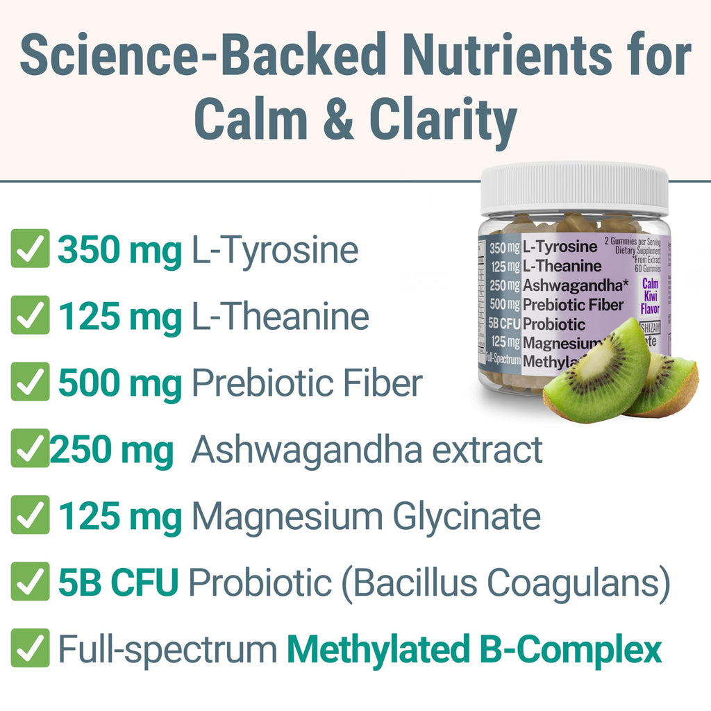 L-Tyrosine L-Theanine Methylated Vitamin B Complex Magnesium Glycinate Probiotic Fiber for Kids Adults Men Women w. Chicory Root Inulin 5-MTHF B12 P5P B6 B9 B5 B3 Powder Capsule Pill Supplement Alt